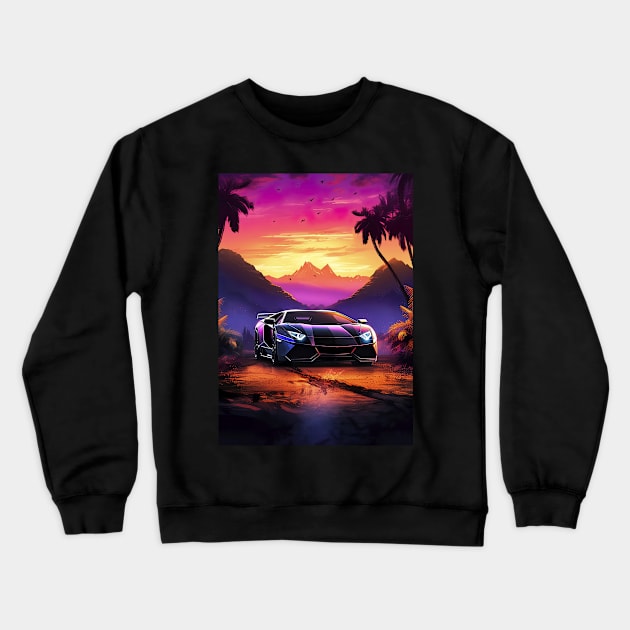 Synthwave aesthetic sport car with palms [synthwave/vaporwave/cyberpunk] Crewneck Sweatshirt by Synthwave1950